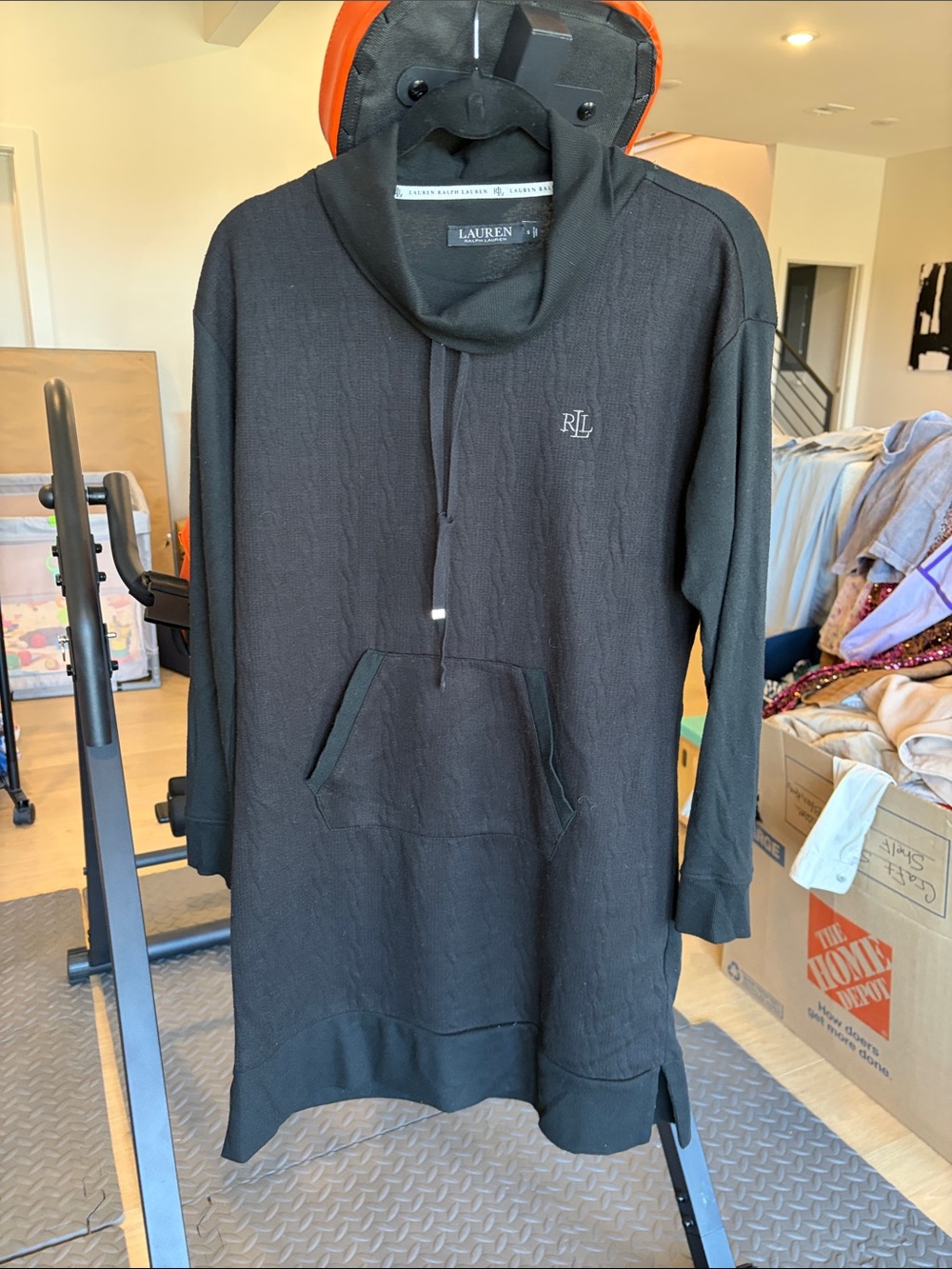 Lauren Ralph Lauren Black Midi Hooded Dress with Kangaroo Pocket